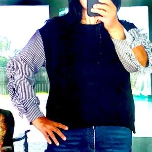 Black Sweater with Striped Vented Ruffle Sexy Sleeves Size Large